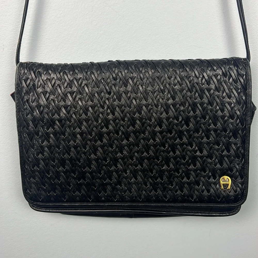 Etienne Aigner black woven leather crossbody bag